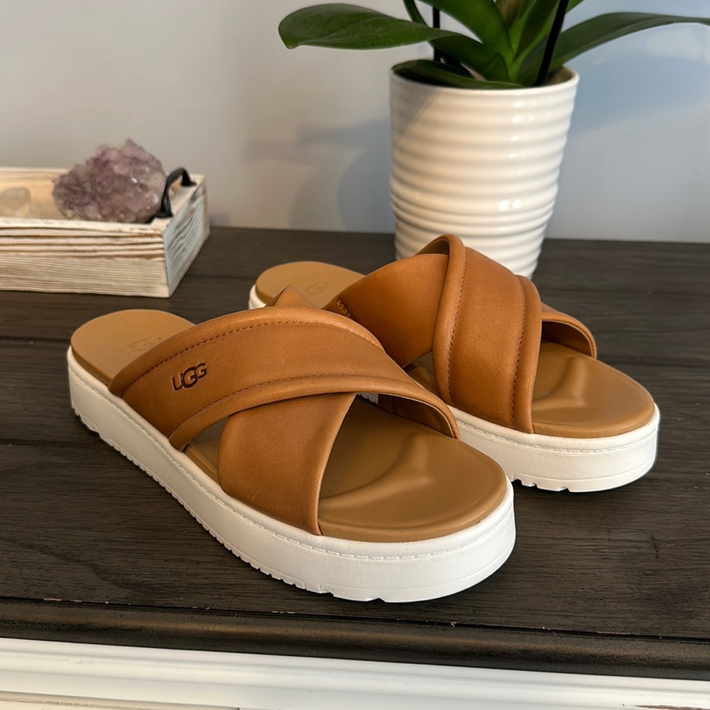 Brand New size 8.5 Women’s Ugg slides Tan Leather